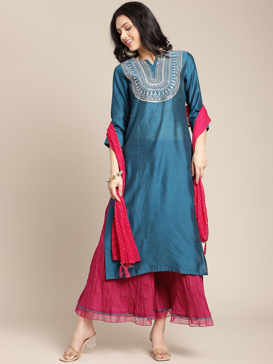Dhiyona VA Women's Teal & Red Embroidered Kurta & Palazzo With Dupatta