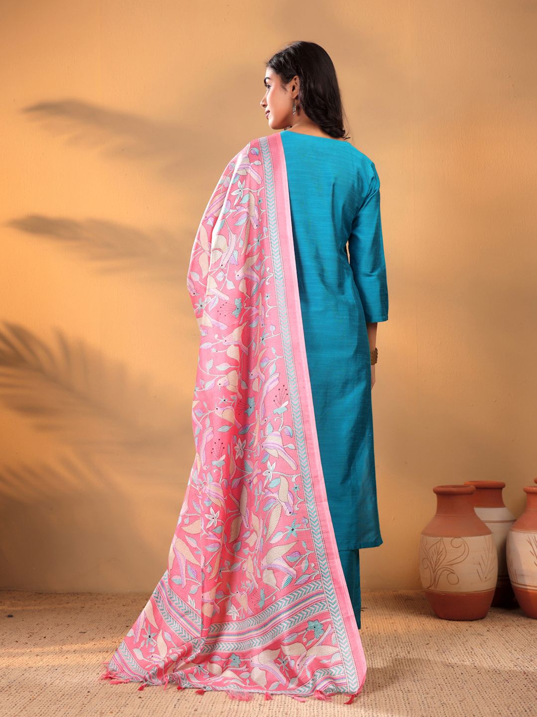 Dhiyona VA Women'sTurquoise Blue Floral Yoke Design Thread Work Kurta With Trouser & Dupatta