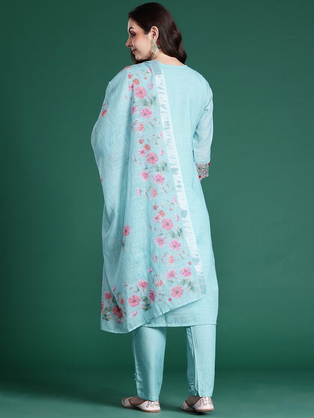 Dhiyona IE Floral Embroidered Linen Kurta with Trousers & Dupatta
