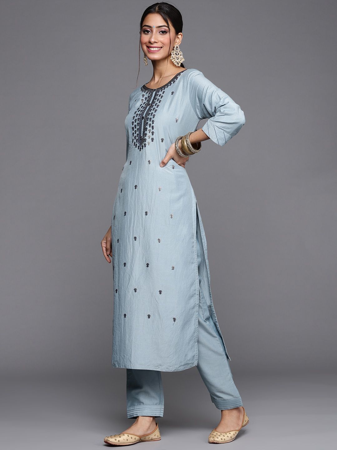 Dhiyona VA Women's Blue & Silver Floral Sequined Straight Kurta Trousers & Ombre Dyed Dupatta