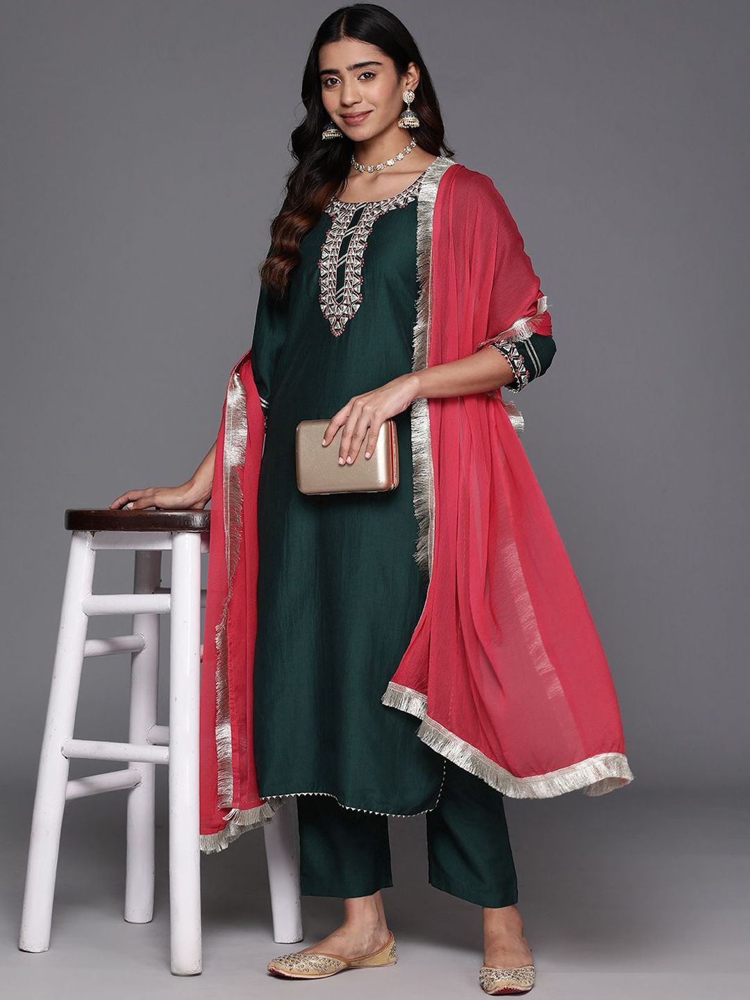 Dhiyona VA Women'sGotta Patti Straight Kurta with Trousers & Dupatta