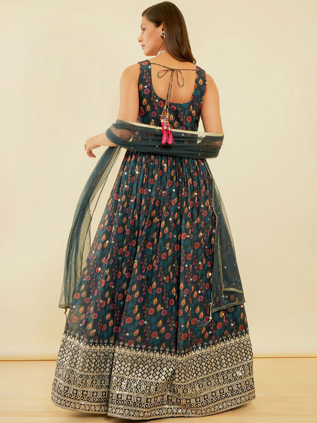 Dhiyona SO Women's Ethnic Motifs Printed Pleated Sequinned Kurta & Churidar With Dupatta