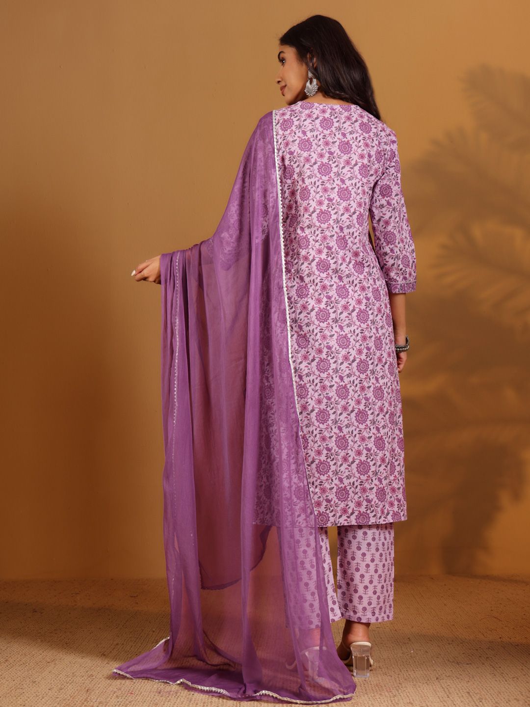 Dhiyona VA Women'sFloral Printed Pure Cotton Screen Print Straight Kurta With Trousers & Dupatta