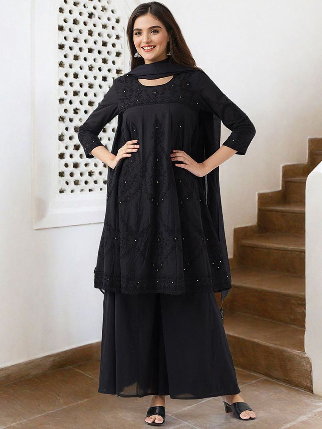 Dhiyona IS Women's Ethnic Motifs Embroidered Pure Cotton A-Line Kurta With Palazzo & Dupatta