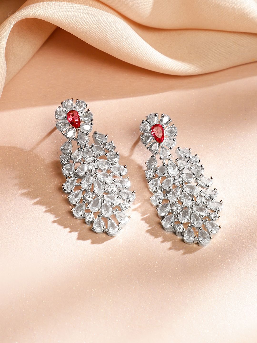 Dhiyona RJ Women's Rhodium-Plated Ruby Red & Cubic Zirconia Floral & Leaf-Inspired Luxe Jewellery Set