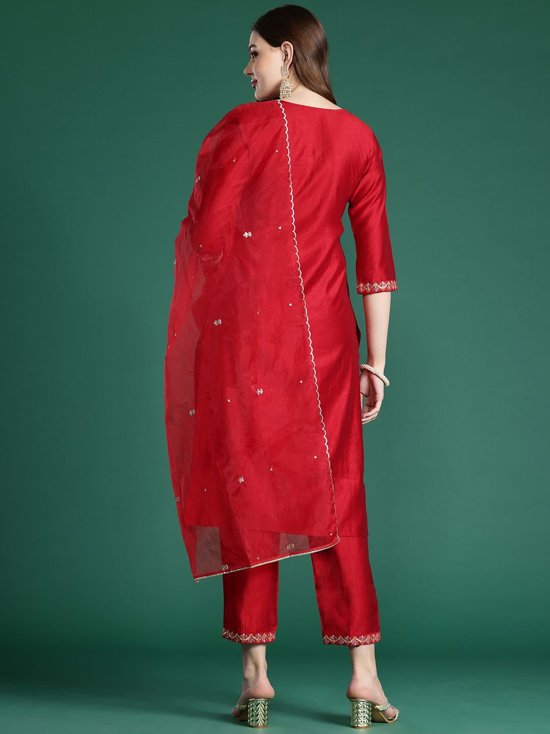 Ethnic Motifs Embroidered Regular Sequinned Liva Kurta with Trousers & Dupatta