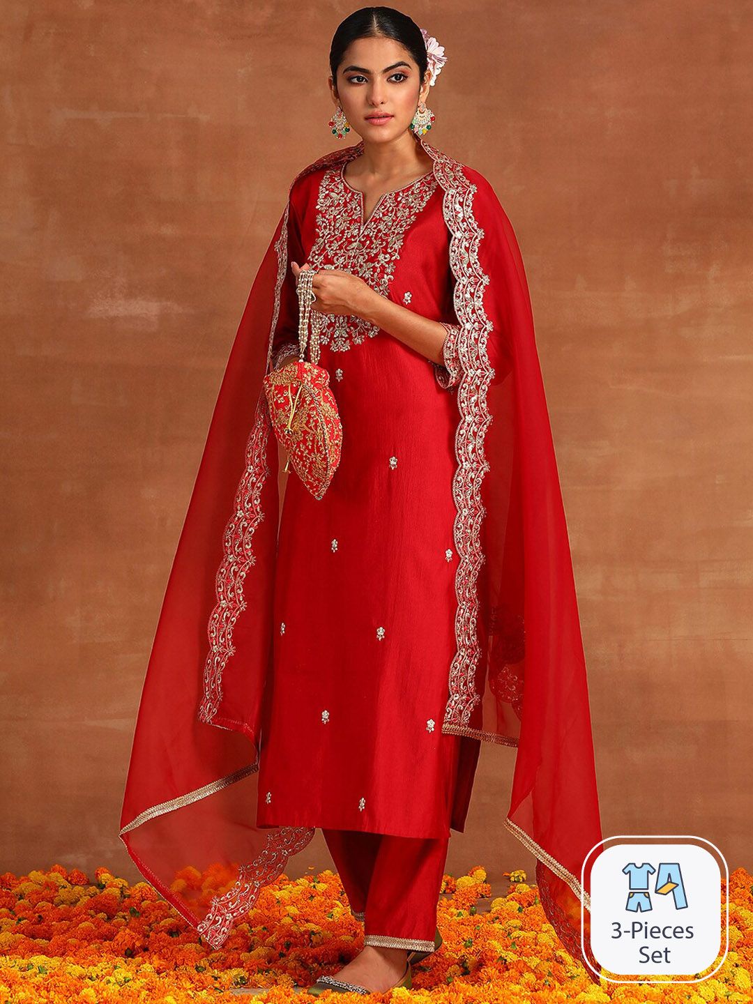 Dhiyona IE Floral Embroidered Regular Sequinned Kurta With Palazzos & Dupatta