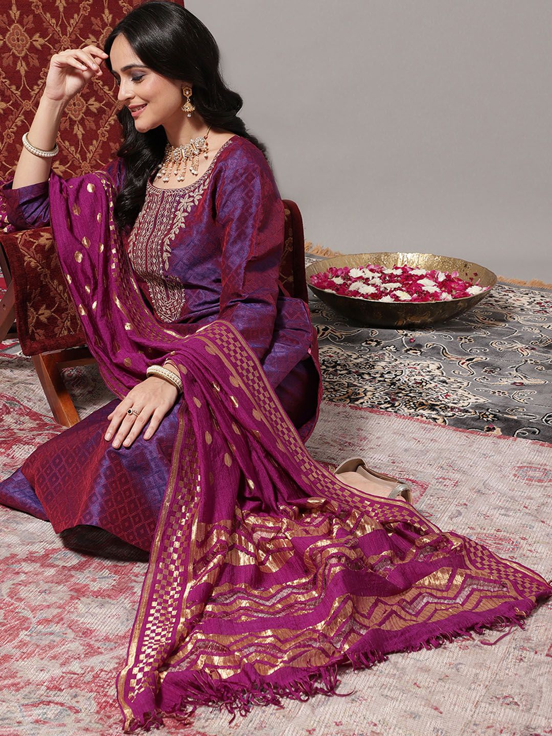 Dhiyona VA Women's Zari Embroidered Yoke Geometric Jacquard Kurta with Trouser & Dupatta
