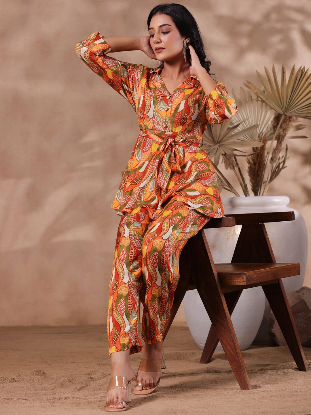 Dhiyona IS Women's Ethnic Printed Shirt Collar A-Line Kurta With Trouser