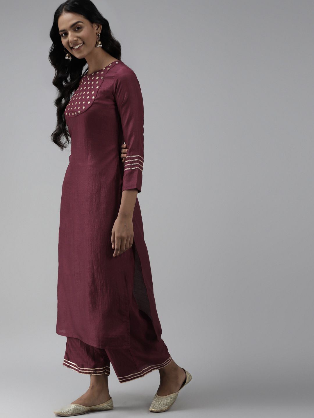 Dhiyona IE Women Maroon Yoke Design Regular Mirror Work Kurta with Palazzos