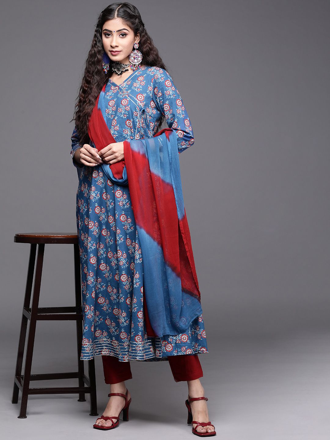 Dhiyona VA Women's Blue Ethnic Motifs Printed Angrakha Gotta Patti Kurta with Trousers & With Dupatta
