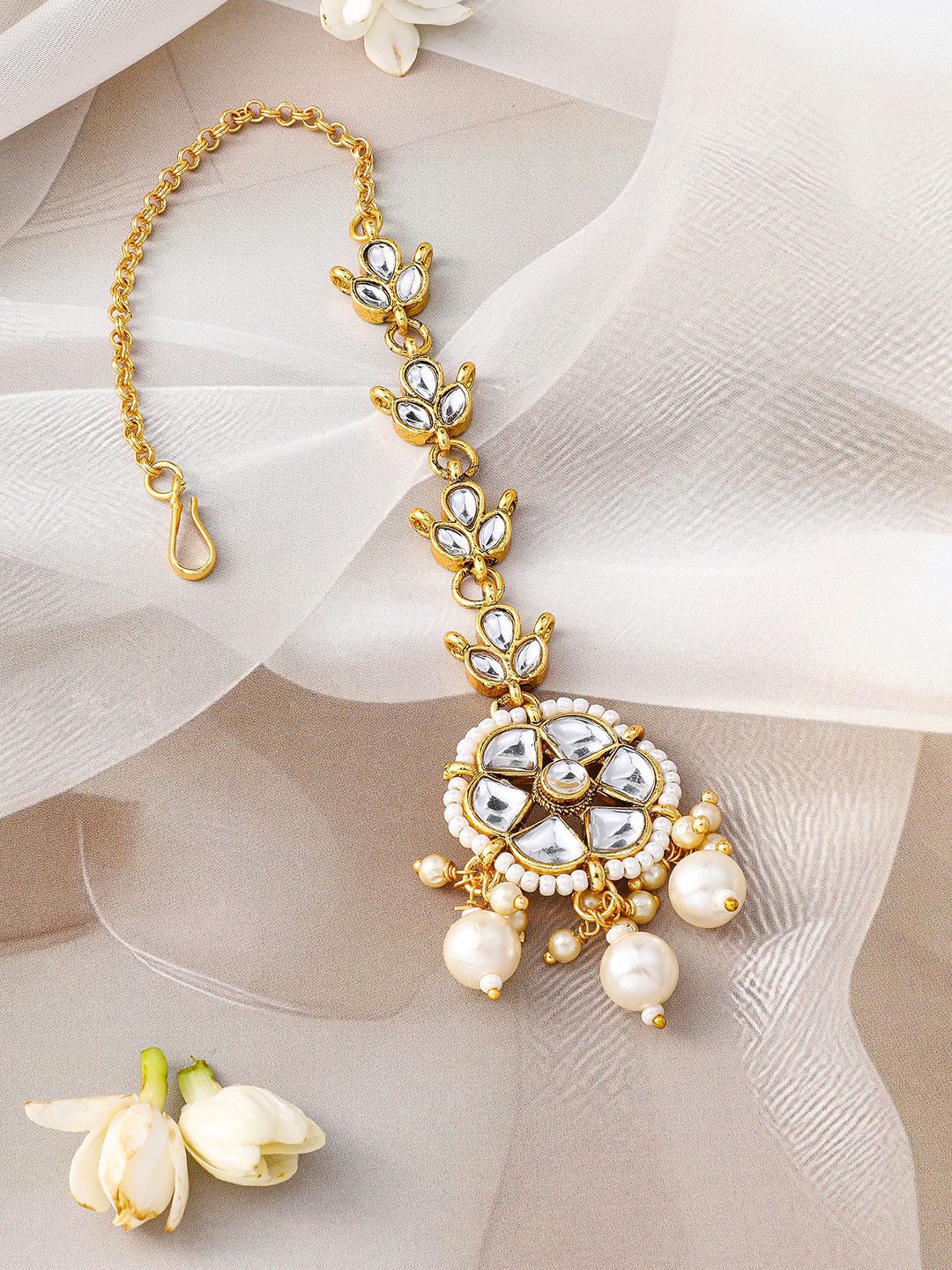 Dhiyona RJ Women's 18K Gold-Plated Kundan Studded Maang Tikka with Pearl Beads for Festive Looks