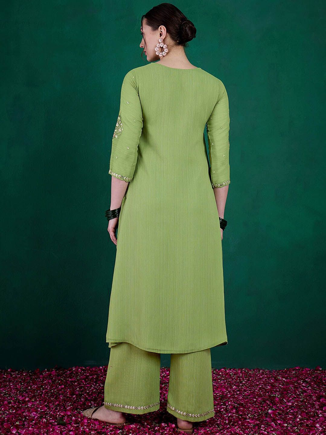 Dhiyona SN Women's Green Ethnic Motifs Embroidered Regular Sequinned Kurta with Palazzos