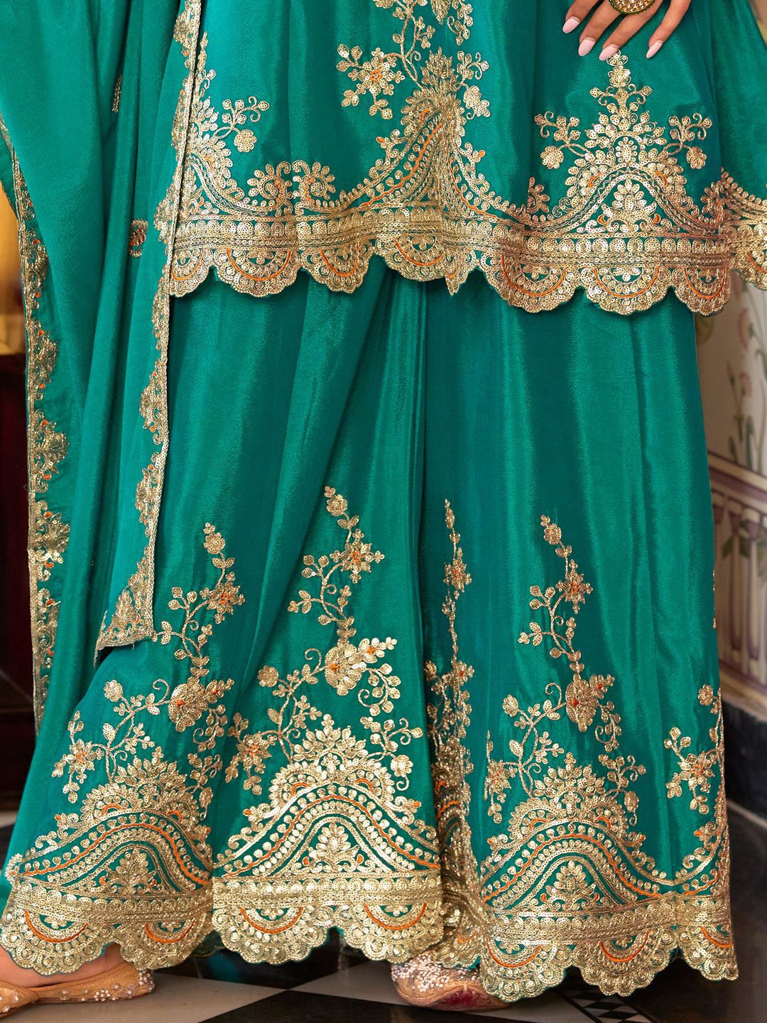 Floral Embroidered Sequinned Chinon A-Line Kurta With Palazzos & Dupatta