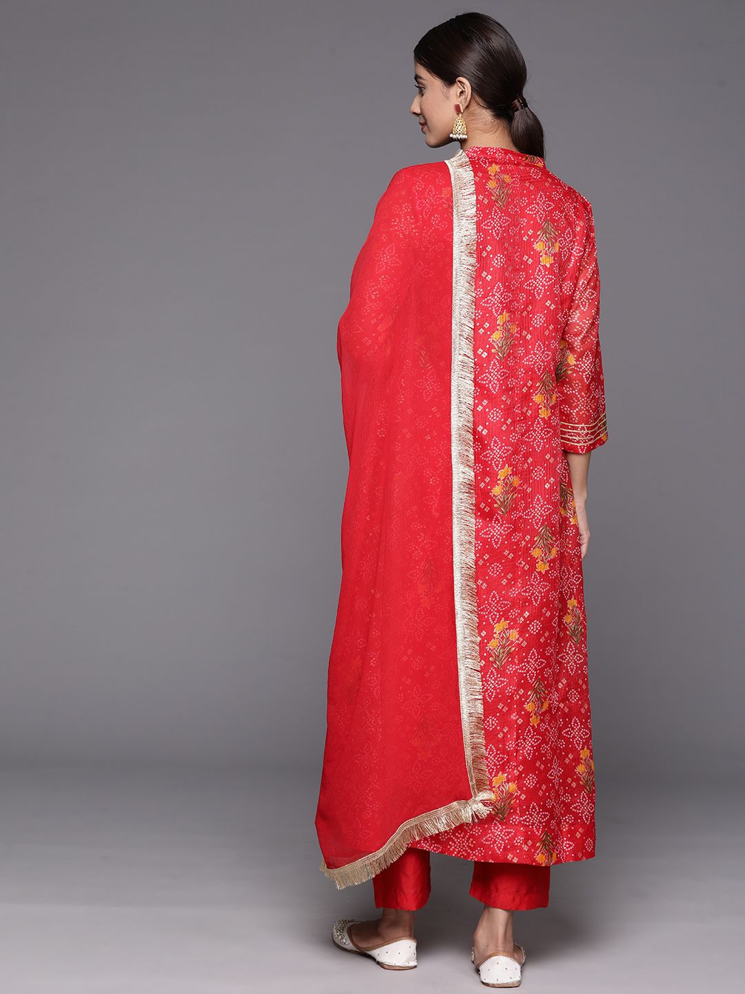 Dhiyona VA Women'sRed Bandhani printed A line Kurta with Trouser and Dupatta