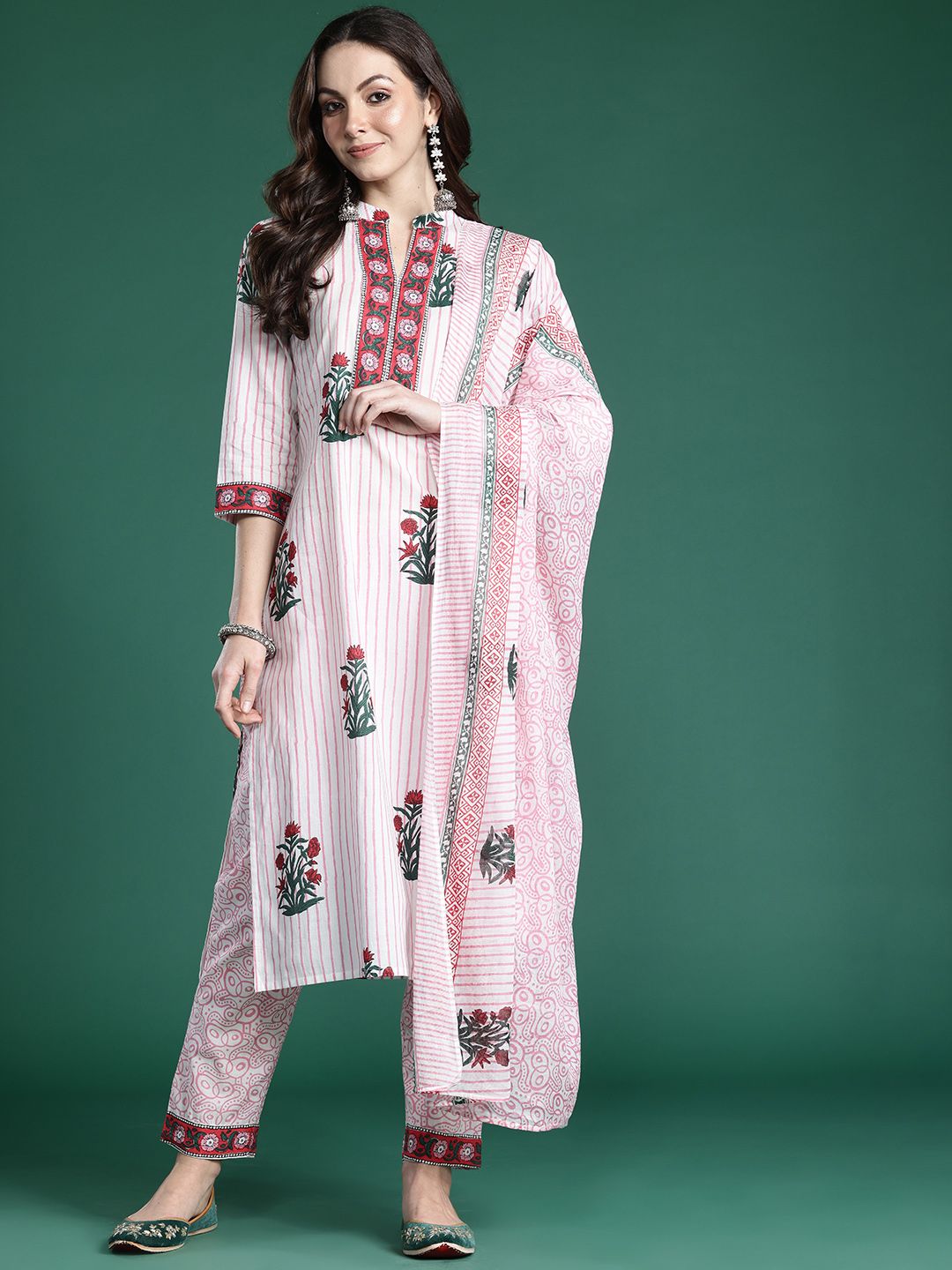 Dhiyona IE Floral Printed Pure Cotton Kurta with Trousers & With Dupatta