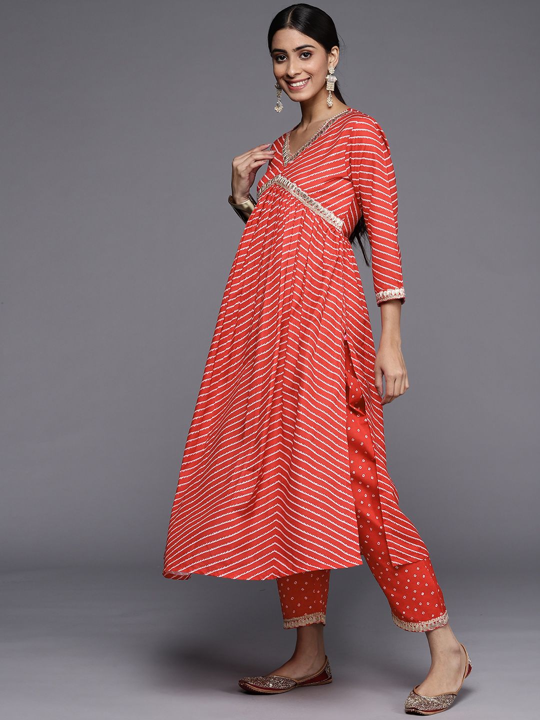 Dhiyona VA Women's Red Leheriya Embroidered Empire Kurta with Trousers & With Dupatta