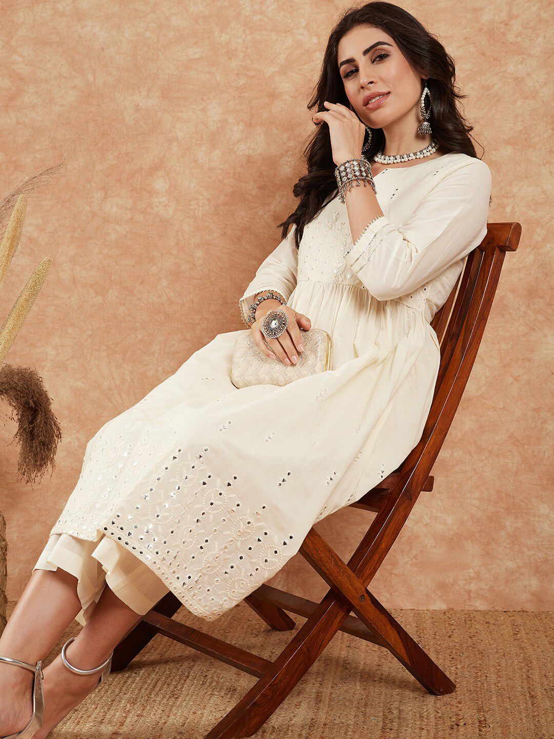Dhiyona PD Women Embroidered Pure Cotton A-Line Kurta With Palazzo Set