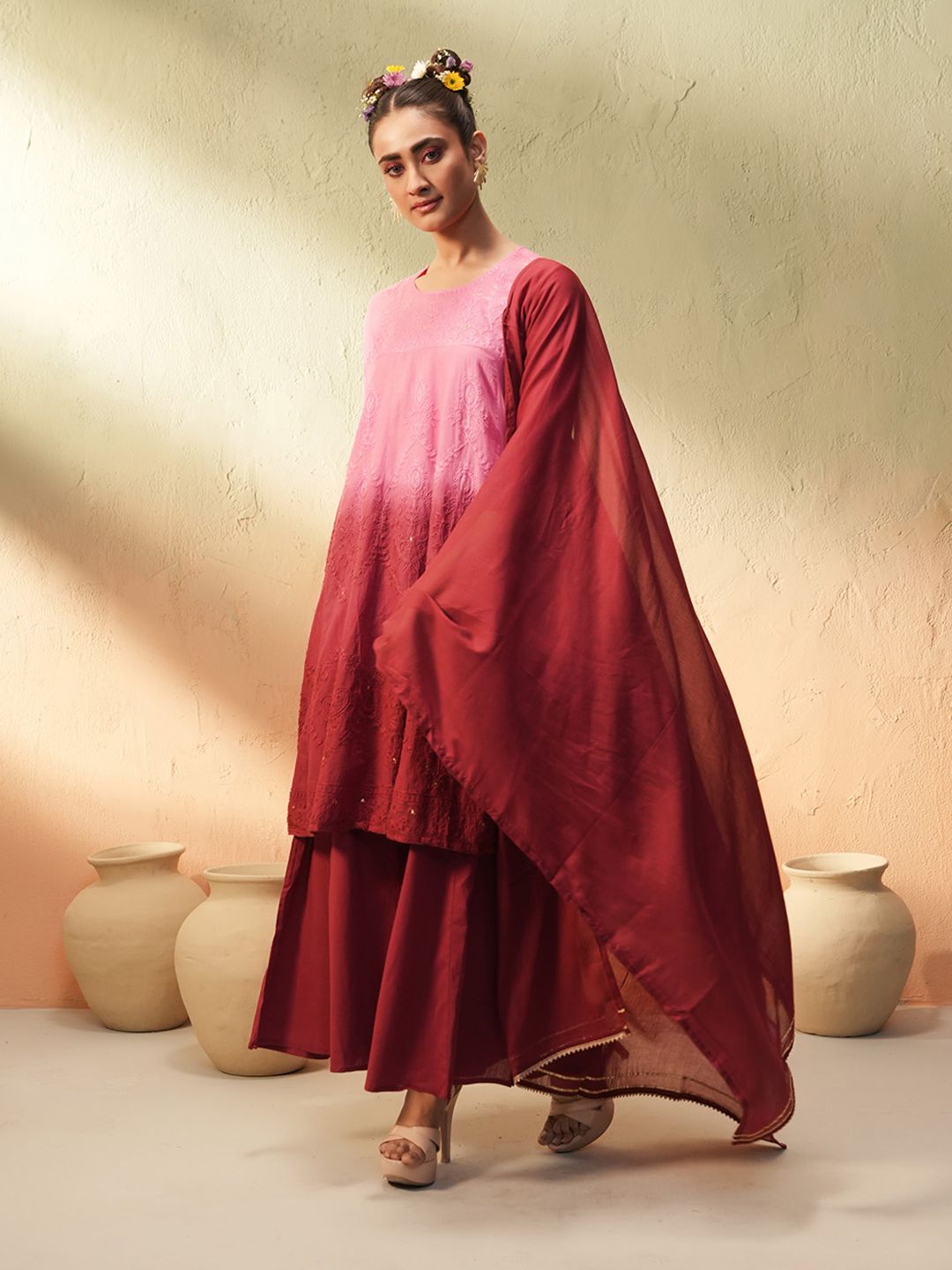 Dhiyona IS Women's Women Ombre Embroidered Regular Thread Work Pure Cotton Kurta with Palazzos & With Dupatta