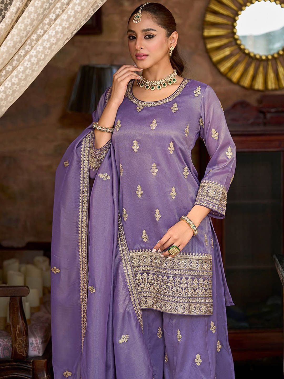 Ethnic Motifs Embroidered Round Neck Zari Straight Kurta & Palazzos With Dupatta