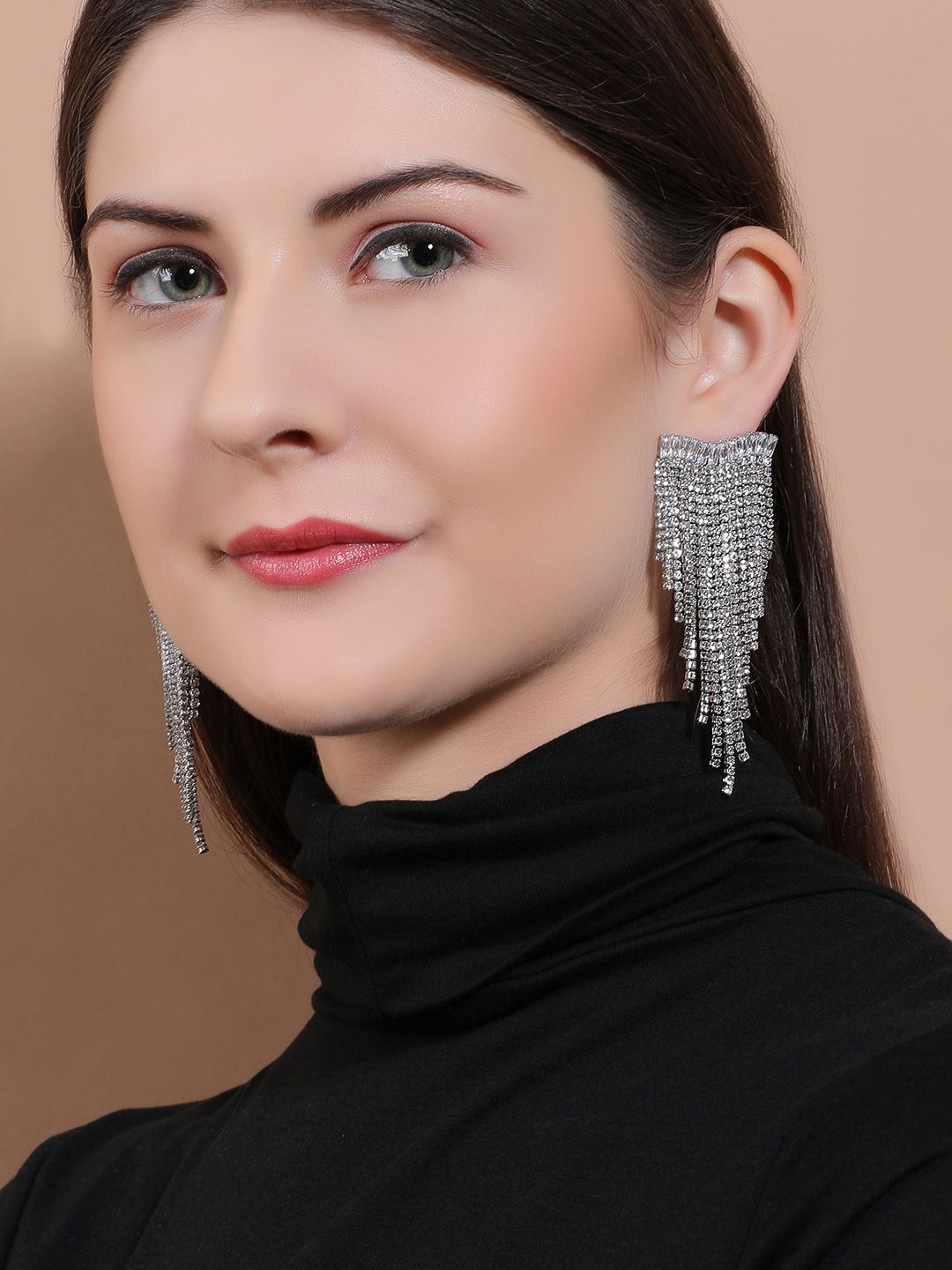 Dhiyona RJ Women's Silver Plated Crystal & AD Studded Shoulder Duster Glamorous Earrings