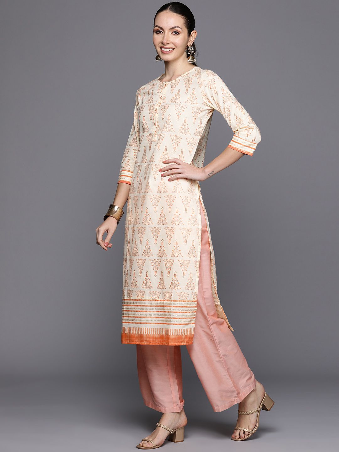 Dhiyona IE Ethnic Motifs Foil Printed Pure Cotton Straight Kurta