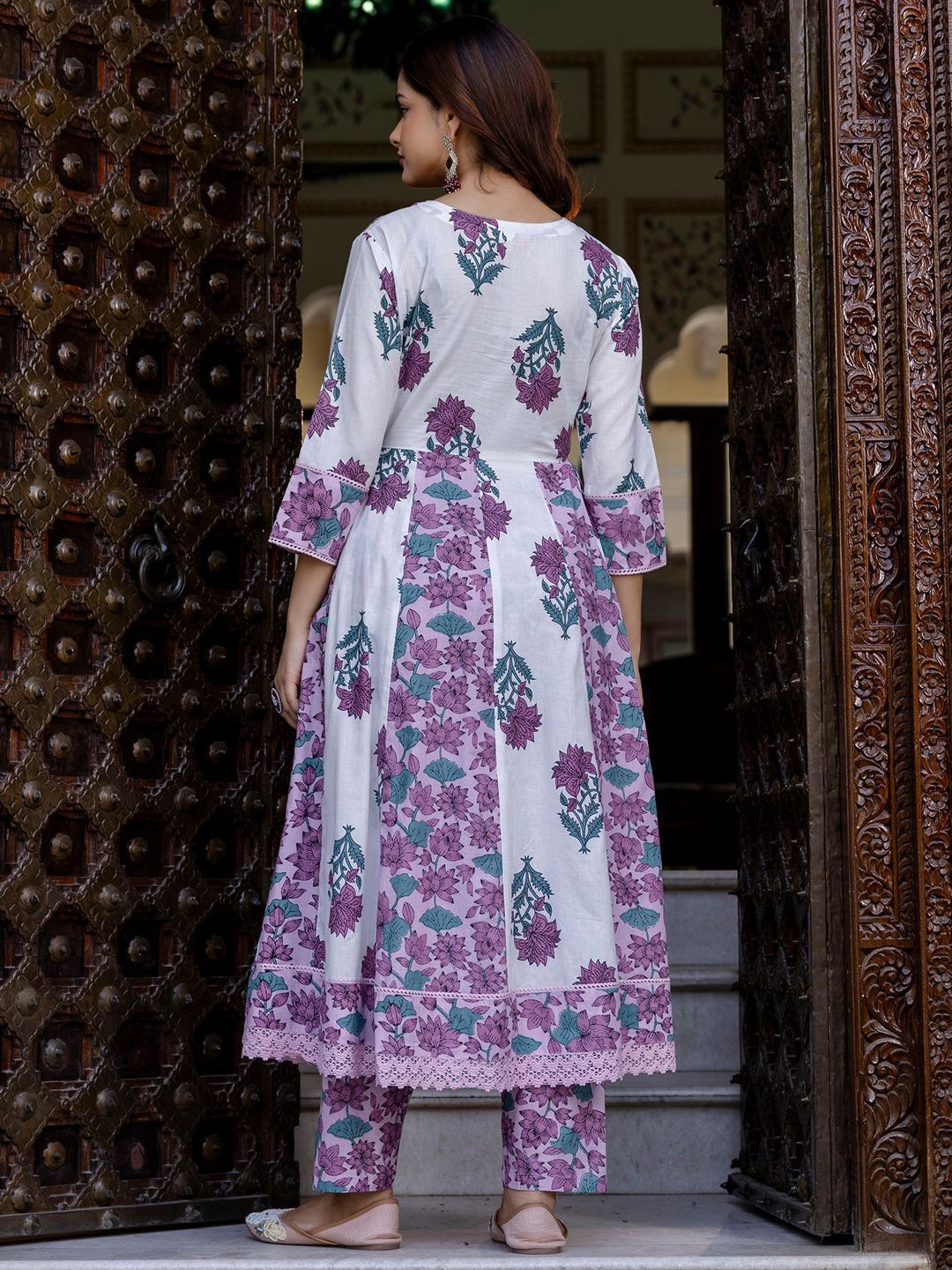 Dhiyona IE Floral Printed Empire Pure Cotton Anarkali Kurta With Trouser & Dupatta