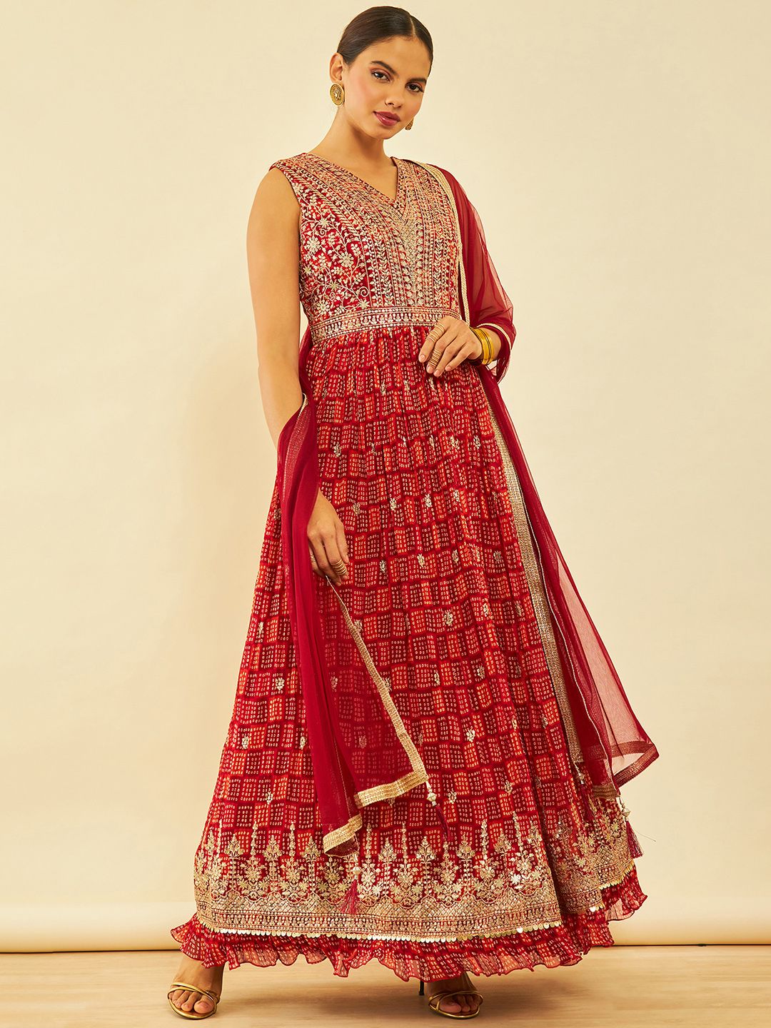 Dhiyona SO Women's Maroon Bandhani Printed Thread Work Georgette Anarkali Kurta & Churidar With dupatta
