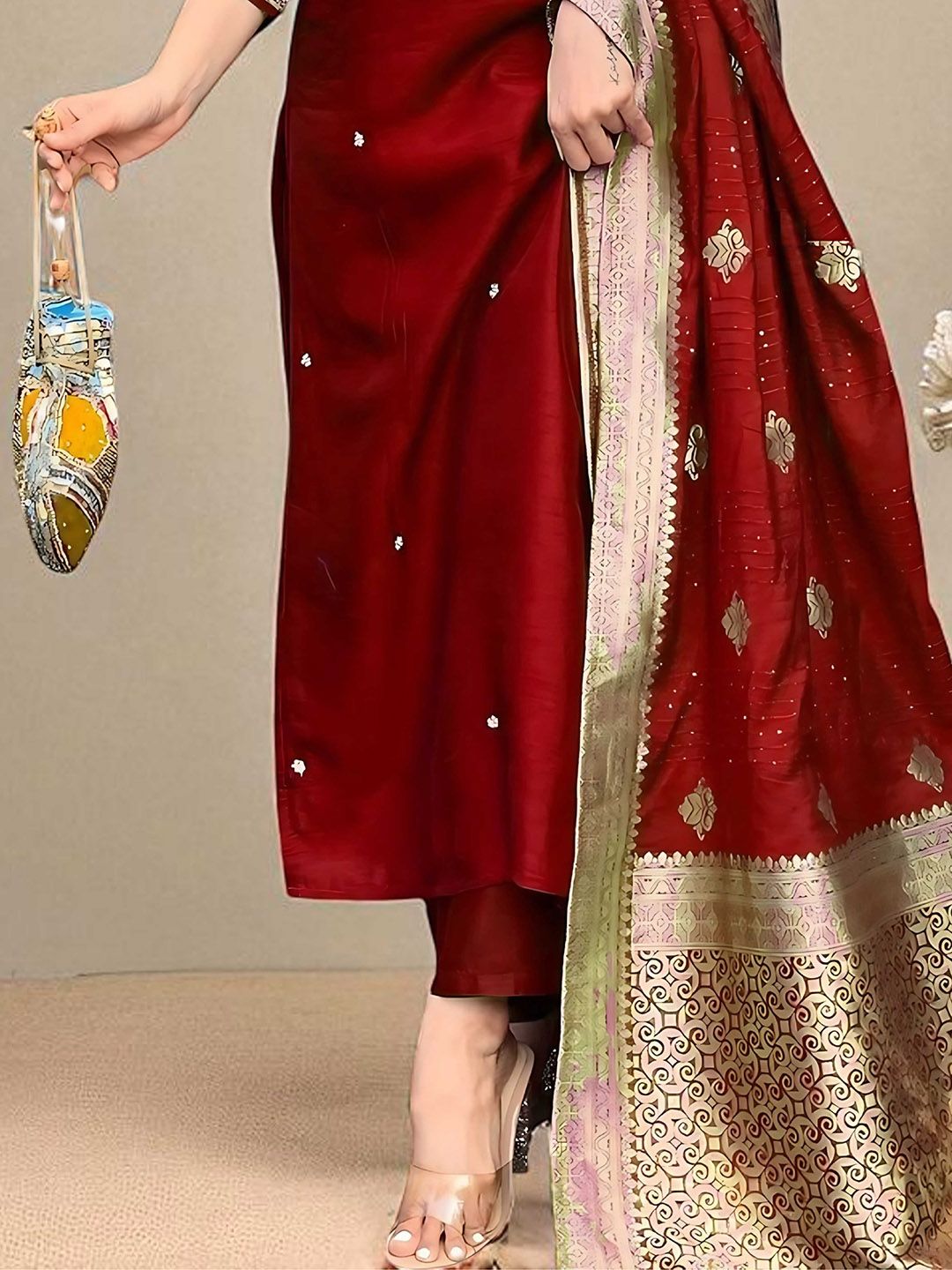 Dhiyona SN Women's Floral Embroidered Cotton Kurta with Trousers & Dupatta