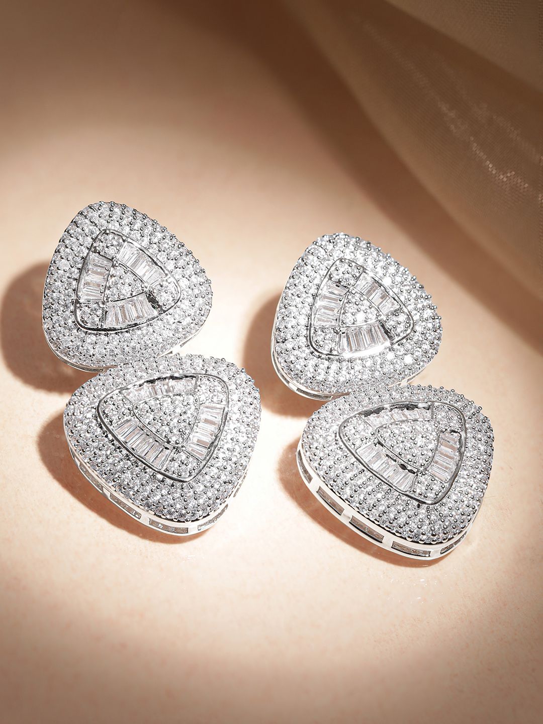 Dhiyona RJ Women's Rhodium Plated Premium AAA Crystal & Cubic Zirconia Studded Triangular Drop Earrings