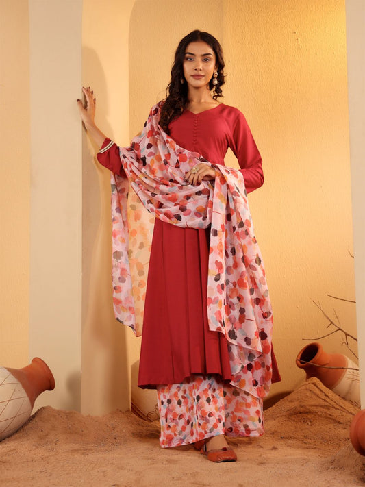 Dhiyona VA Women'sMaroon V-Neck Long Sleeves Anarkali Kurta With Palazzo & Dupatta