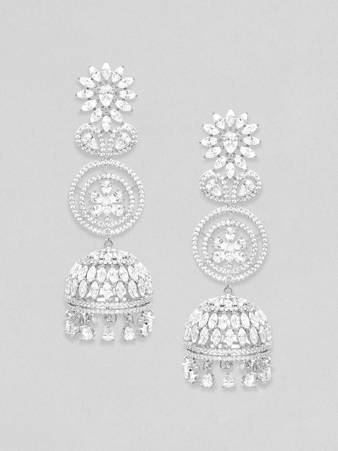 Dhiyona RJ Women's Rhodium Plated AAA Cubic Zirconia Studded Premium Long Jhumka Earrings