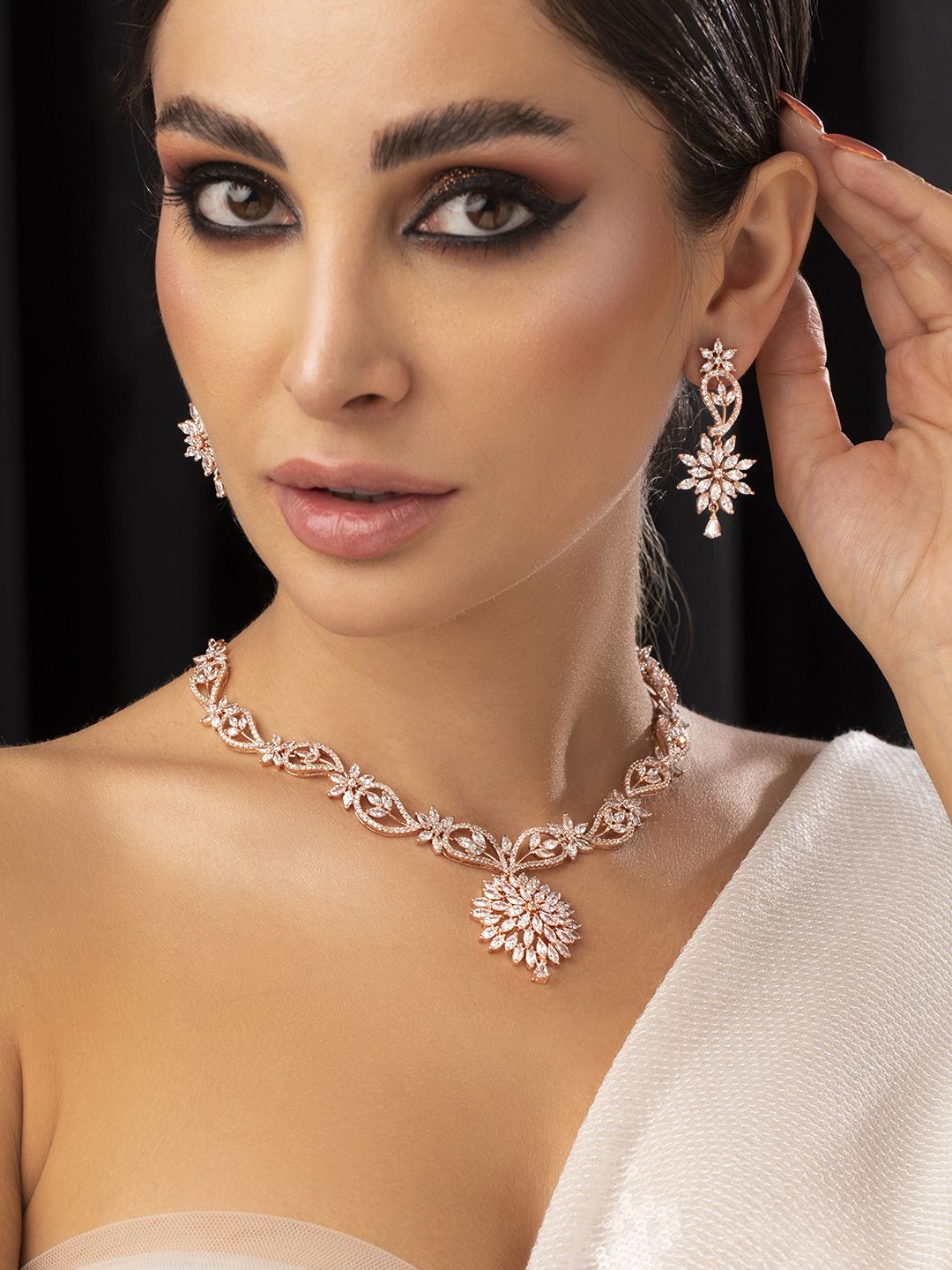 Dhiyona RJ Women's Rose Gold-Plated & White Cubic-Zirconia Studded Handcrafted Jewellery Set