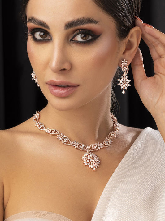 Dhiyona RJ Women's Rose Gold-Plated & White Cubic-Zirconia Studded Handcrafted Jewellery Set