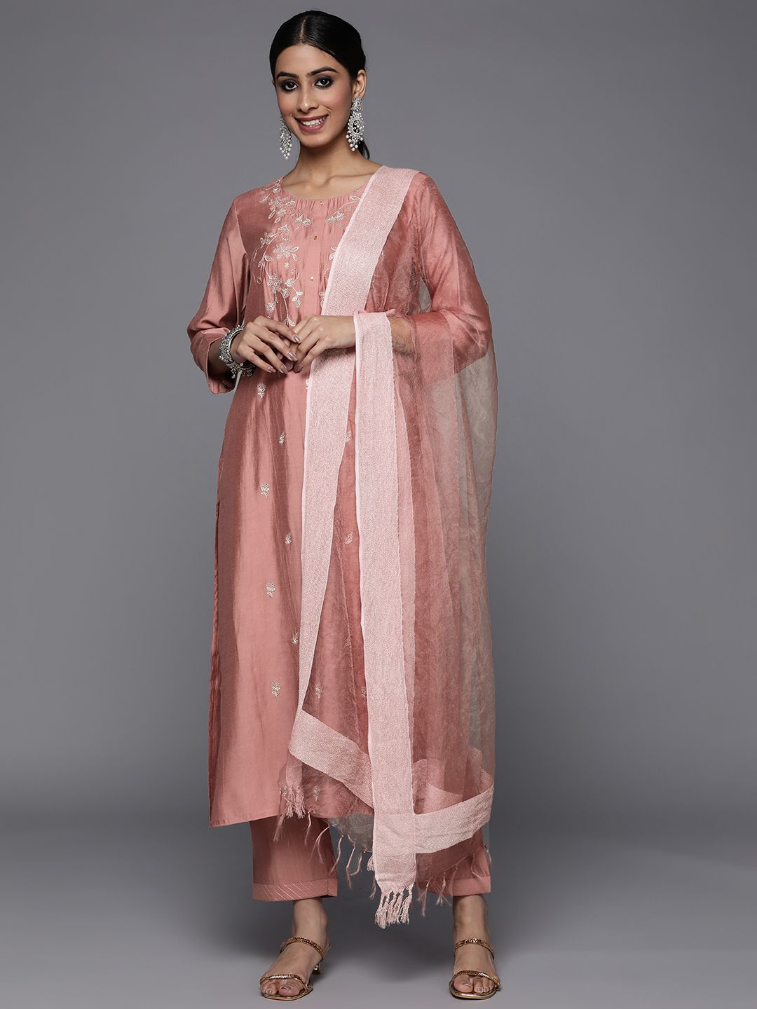 Dhiyona VA Women's Dusty Rose Pink Ethnic Motifs Embroidered Sequinned Kurta Trousers & Dupatta