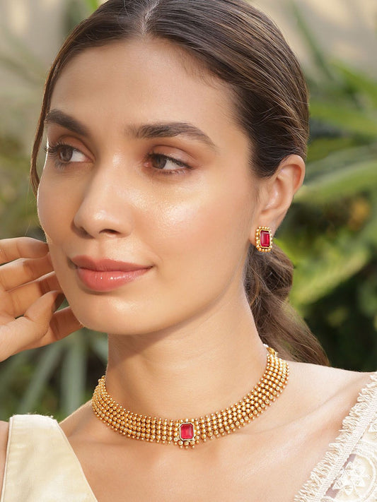 Dhiyona RJ Women's 22K Gold-Plated Ruby Stone Studded Choker Necklace Set with Gold Beads