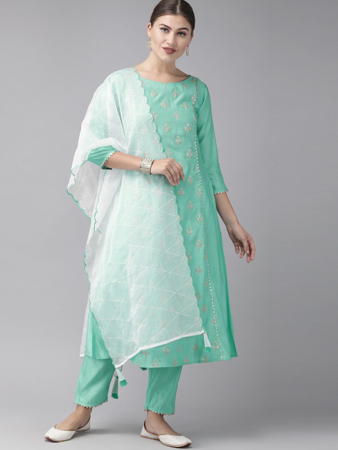 Women Sea Green & Beige Embroidered Kurta with Trousers & Dupatta