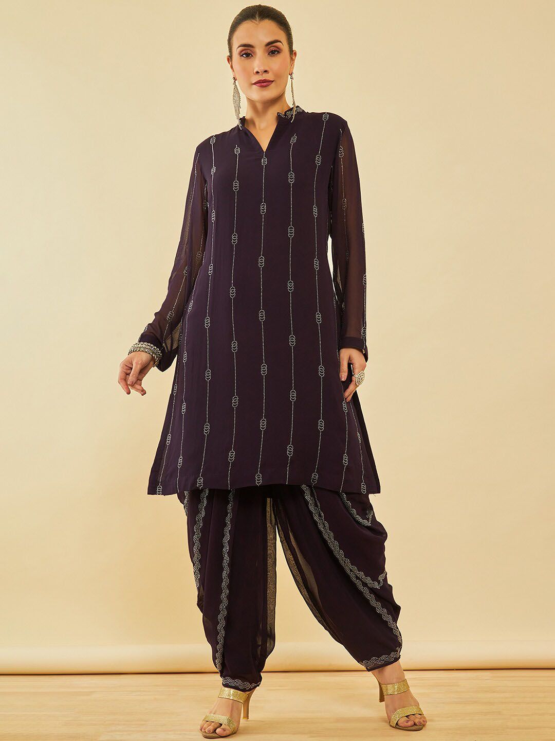 Dhiyona SO Women's Ethnic Motifs Regular Beads and Stones Kurta with Dhoti Pant & With Dupatta