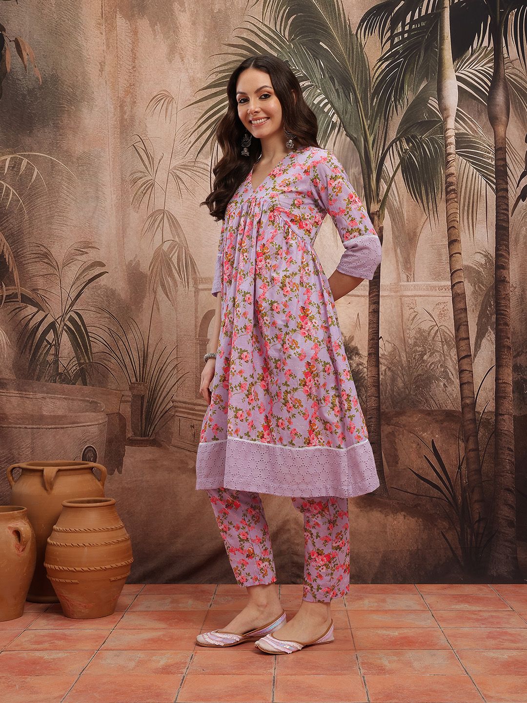 Dhiyona SN Women's Floral Print Empire Lace Insert Detail Pure Cotton A-Line Kurta with Trousers