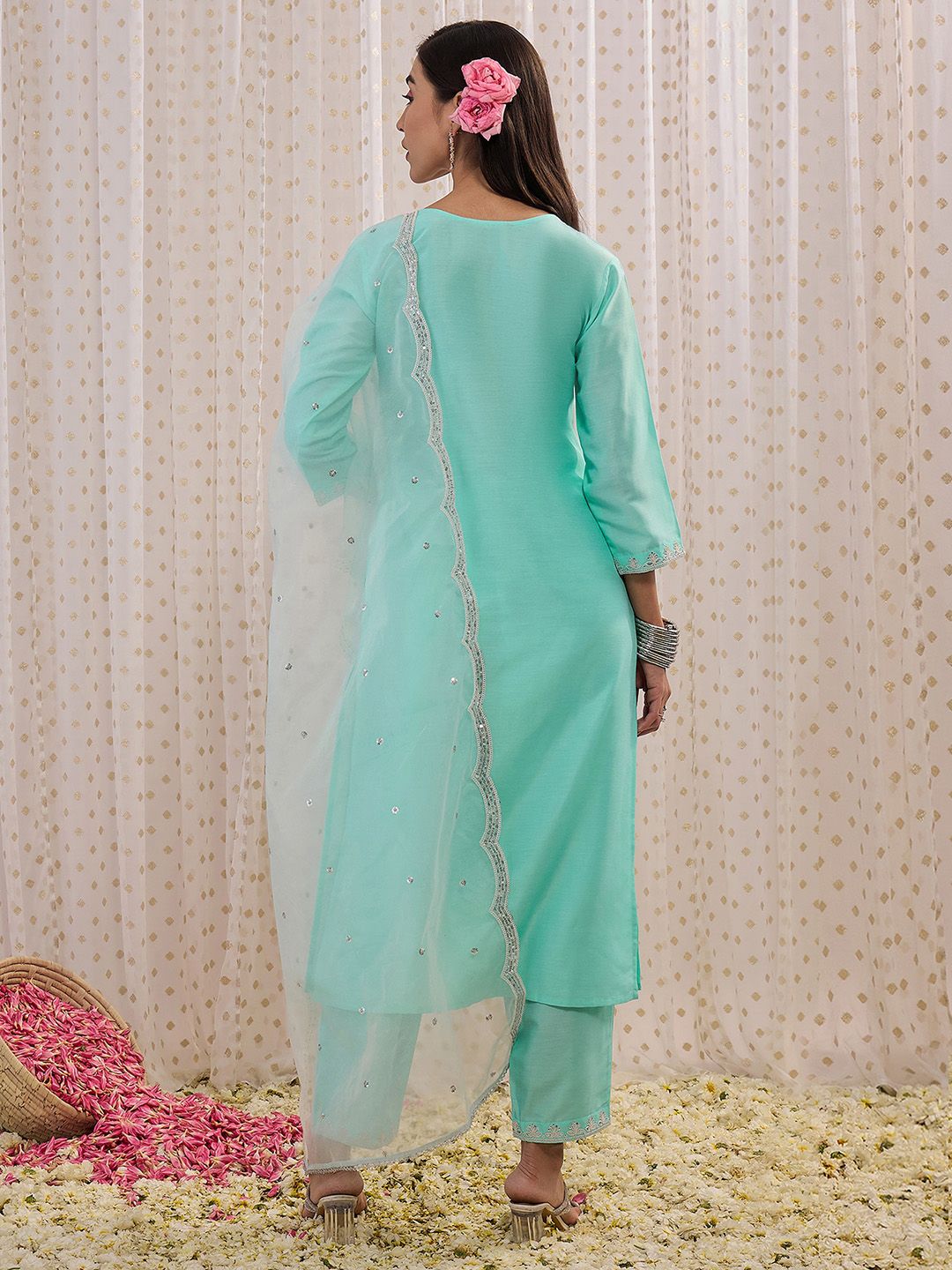 Floral Embroidered Regular Aari Work Kurta with Trousers & With Dupatta