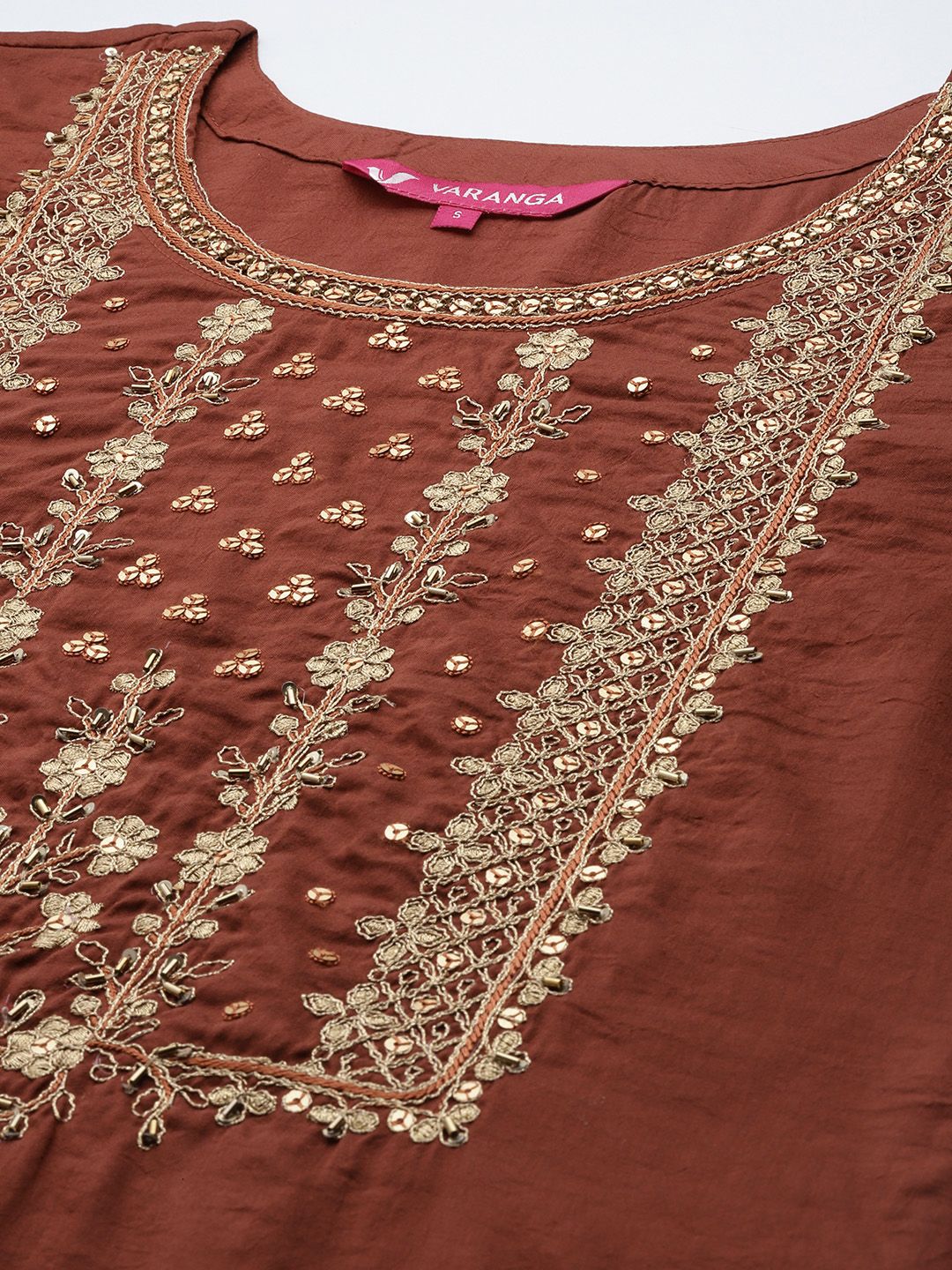 Dhiyona VA Women's Rust Orange Yoke Design Sequinned Kurta with Trousers & Dupatta