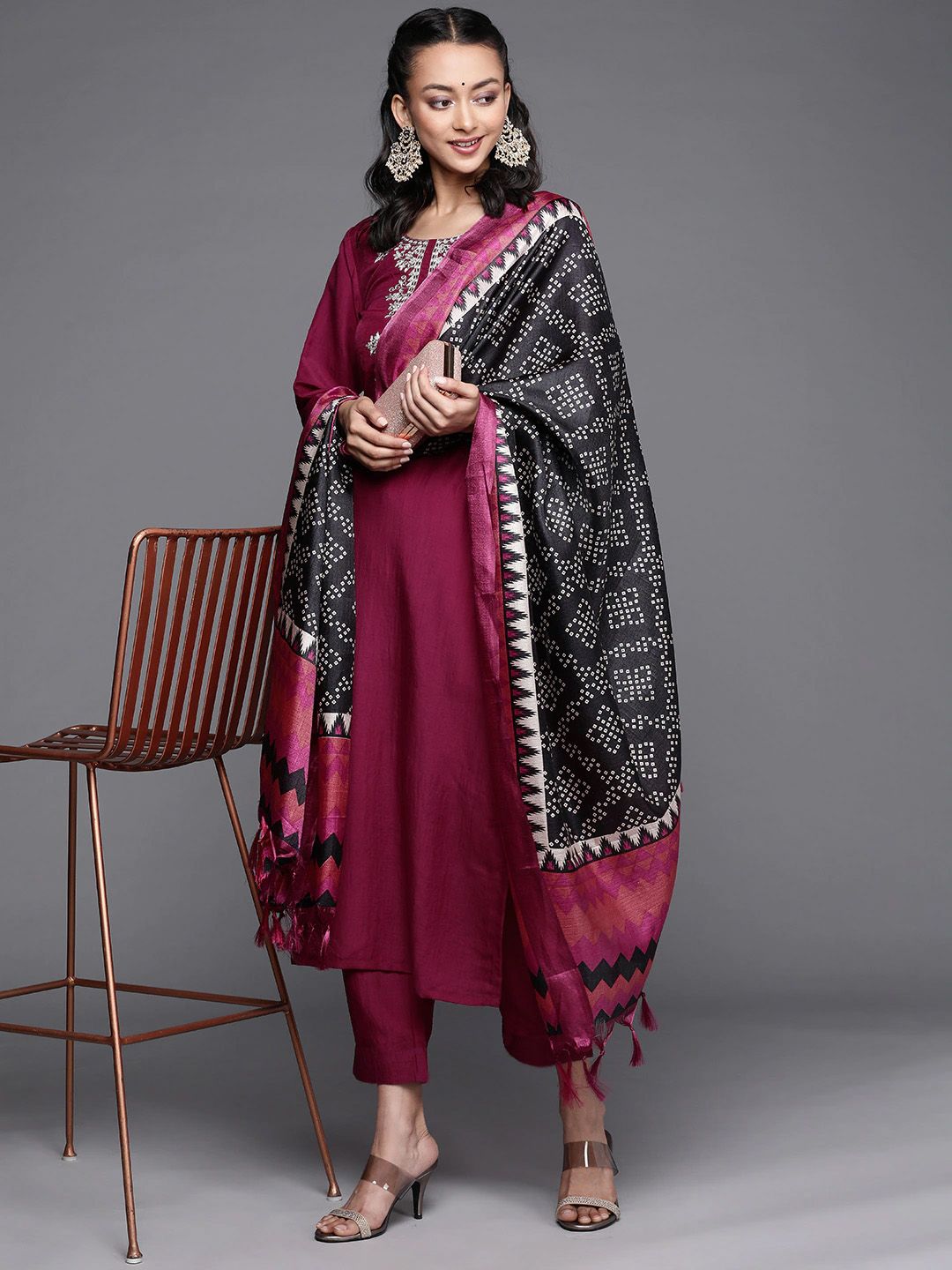 Dhiyona VA Women's Magenta Yoke Design Kurta with Trousers & With Dupatta