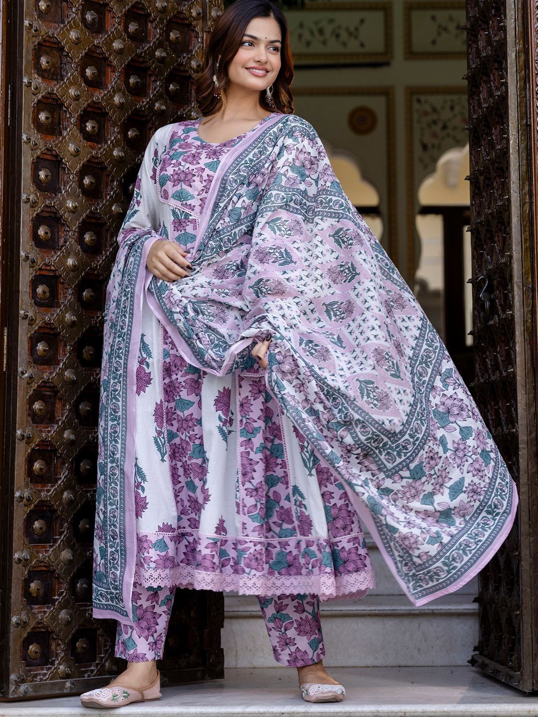 Dhiyona IE Floral Printed Empire Pure Cotton Anarkali Kurta With Trouser & Dupatta