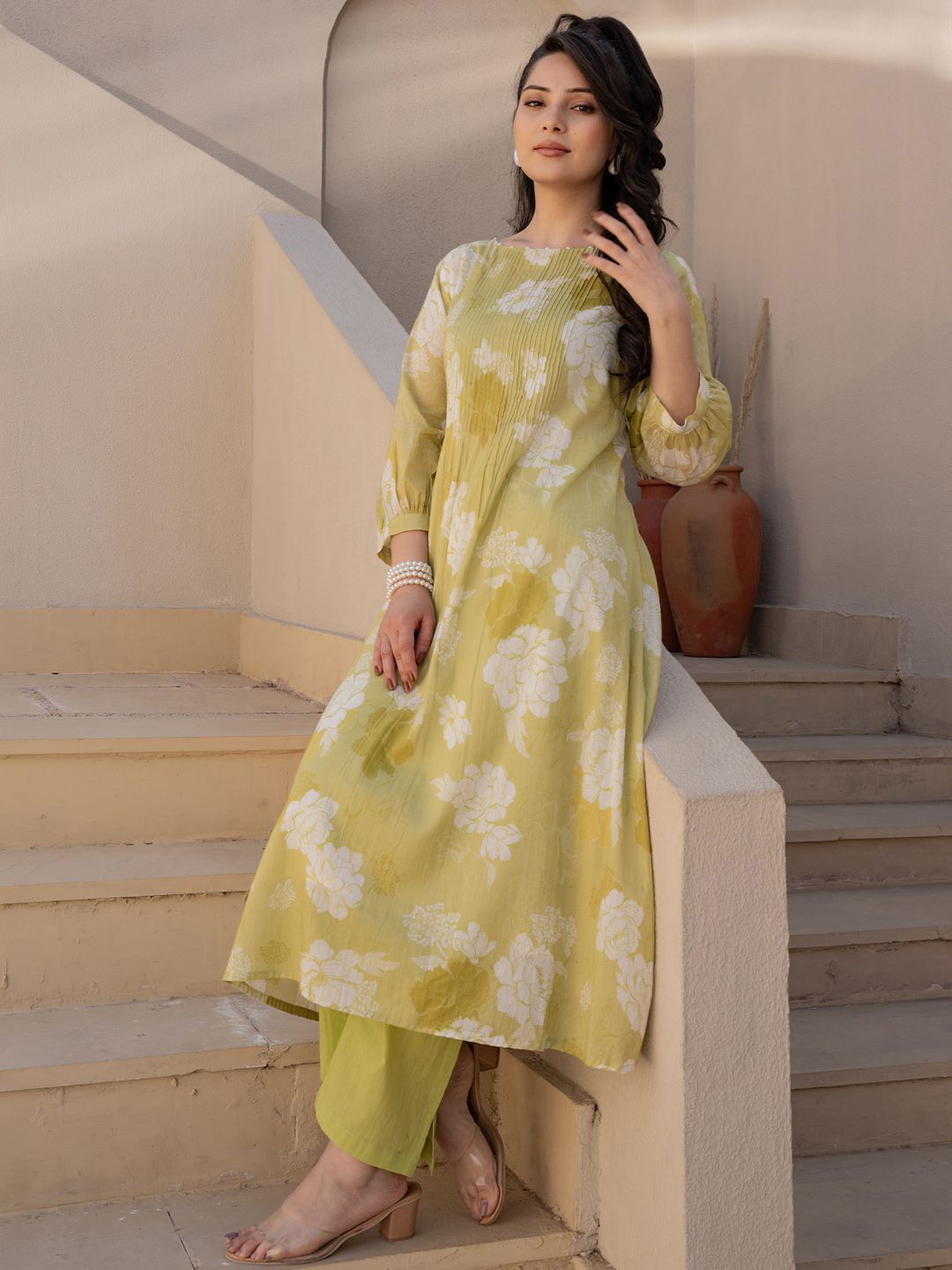 Dhiyona IE Printed Pure Cotton A-Line Tunic & Trousers Co-Ord Set