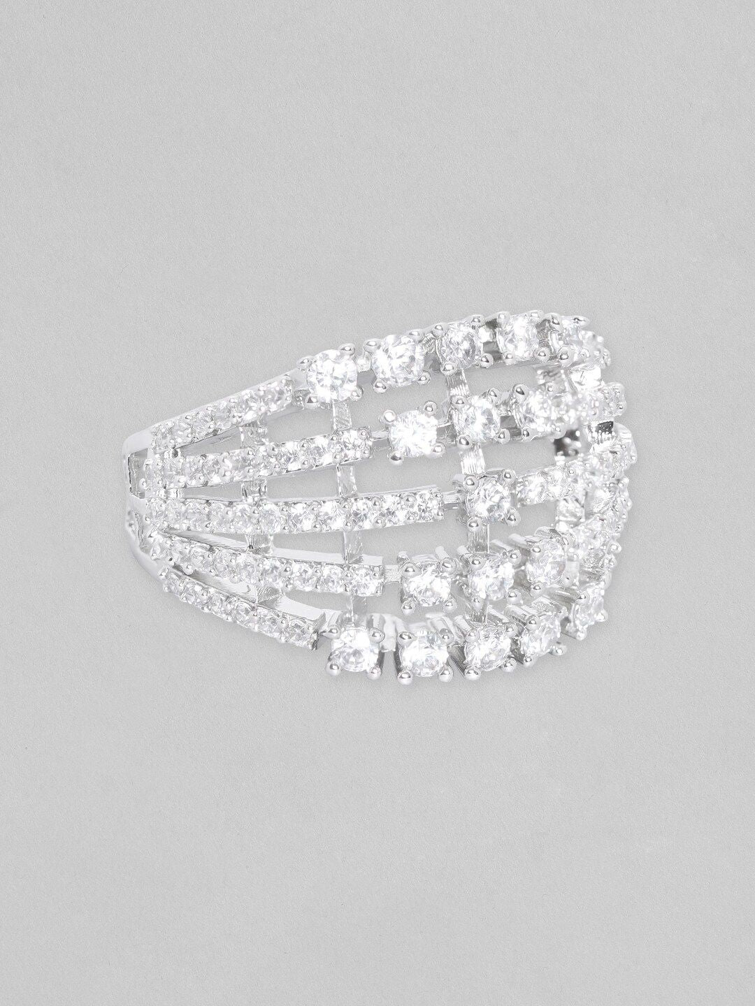 Dhiyona RJ Women's Silver-Plated AD Studded Adjustable Finger Ring