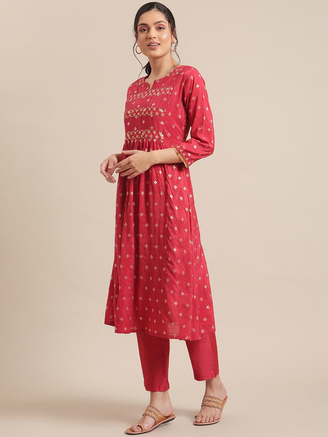 Dhiyona VA Women's Red & Gold-Toned Floral Embroidered Mirror Work Pleated Kurta With Trousers