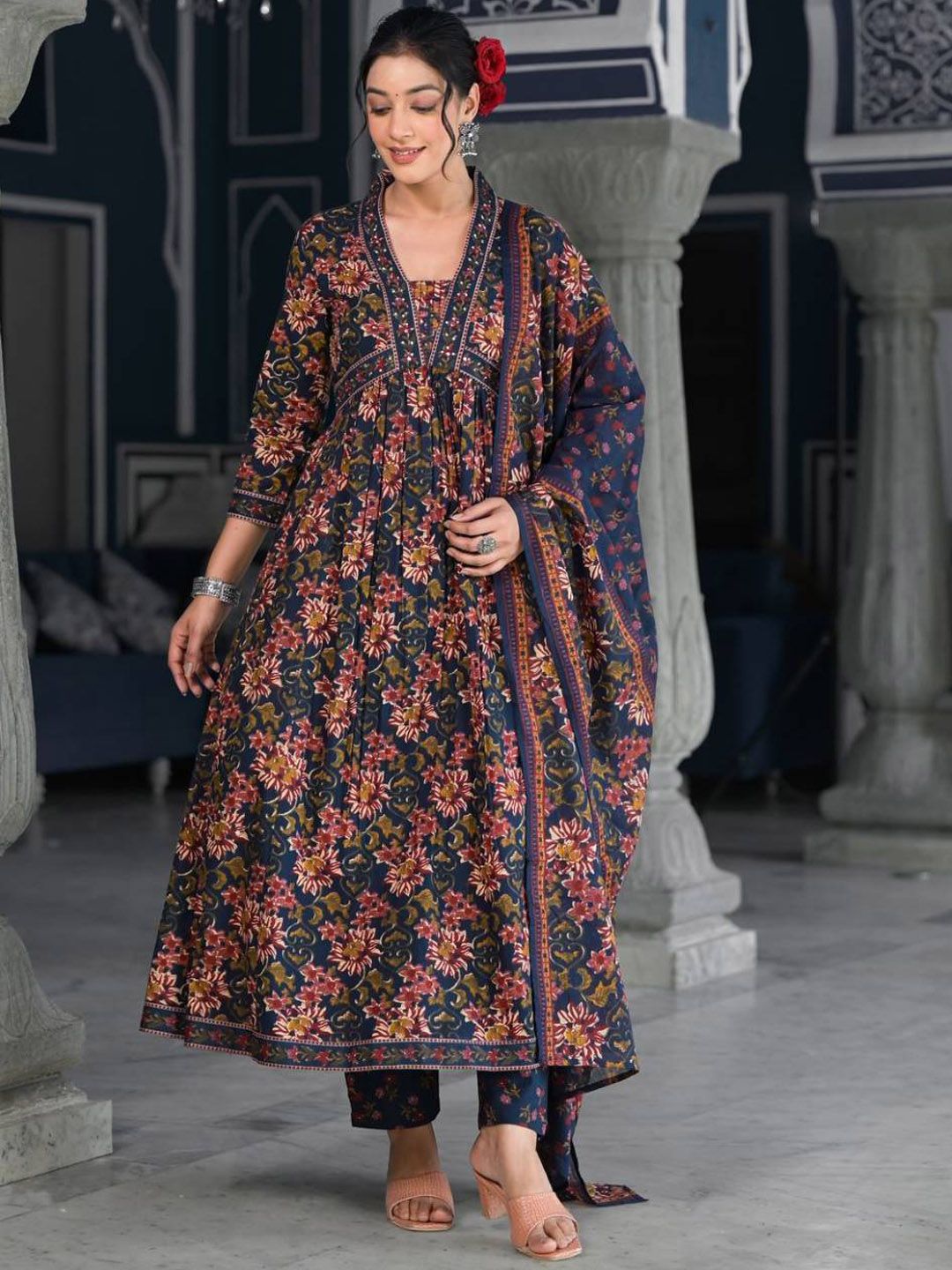 Dhiyona VA Women'sFloral Printed & Sequinned Pure Cotton Anarkali Kurta With Trouser & Dupatta
