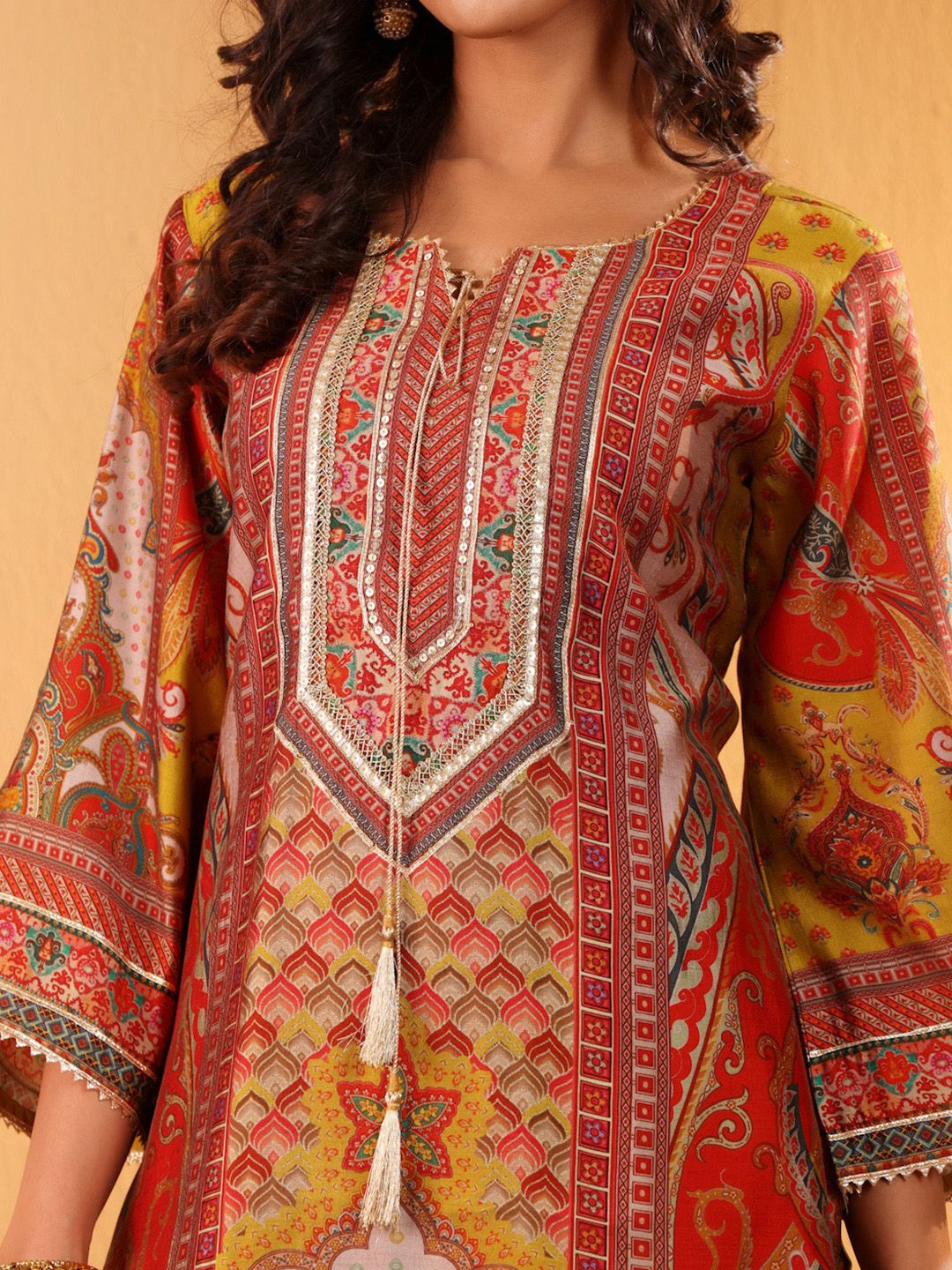 Dhiyona VA Women'sEthnic Motifs Embroidered Gotta Patti Notch Neck Chanderi Silk Kurta With Trousers