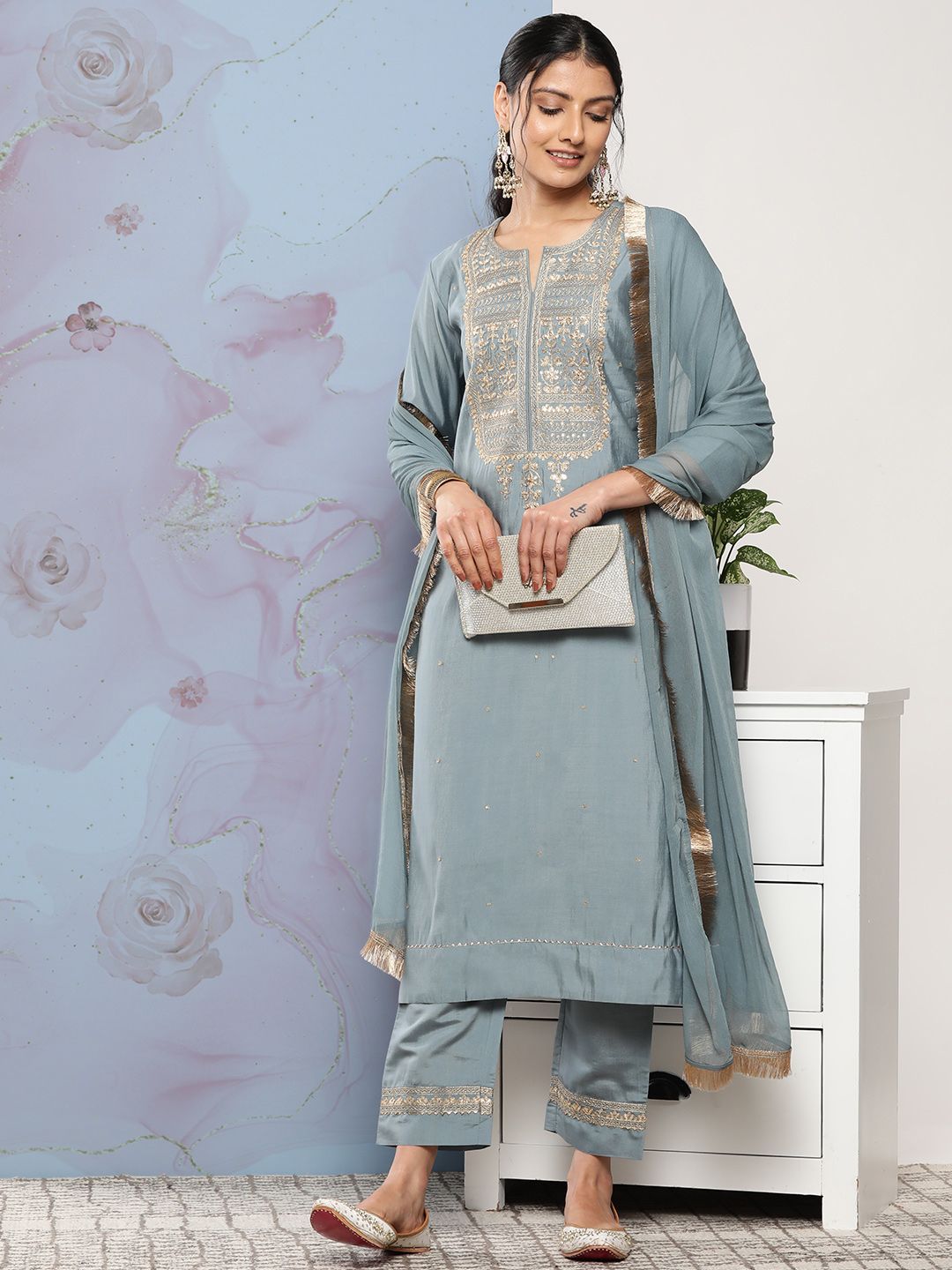 Dhiyona VA Women's Grey Ethnic Motifs Gotta Patti Kurta with Trousers & With Dupatta