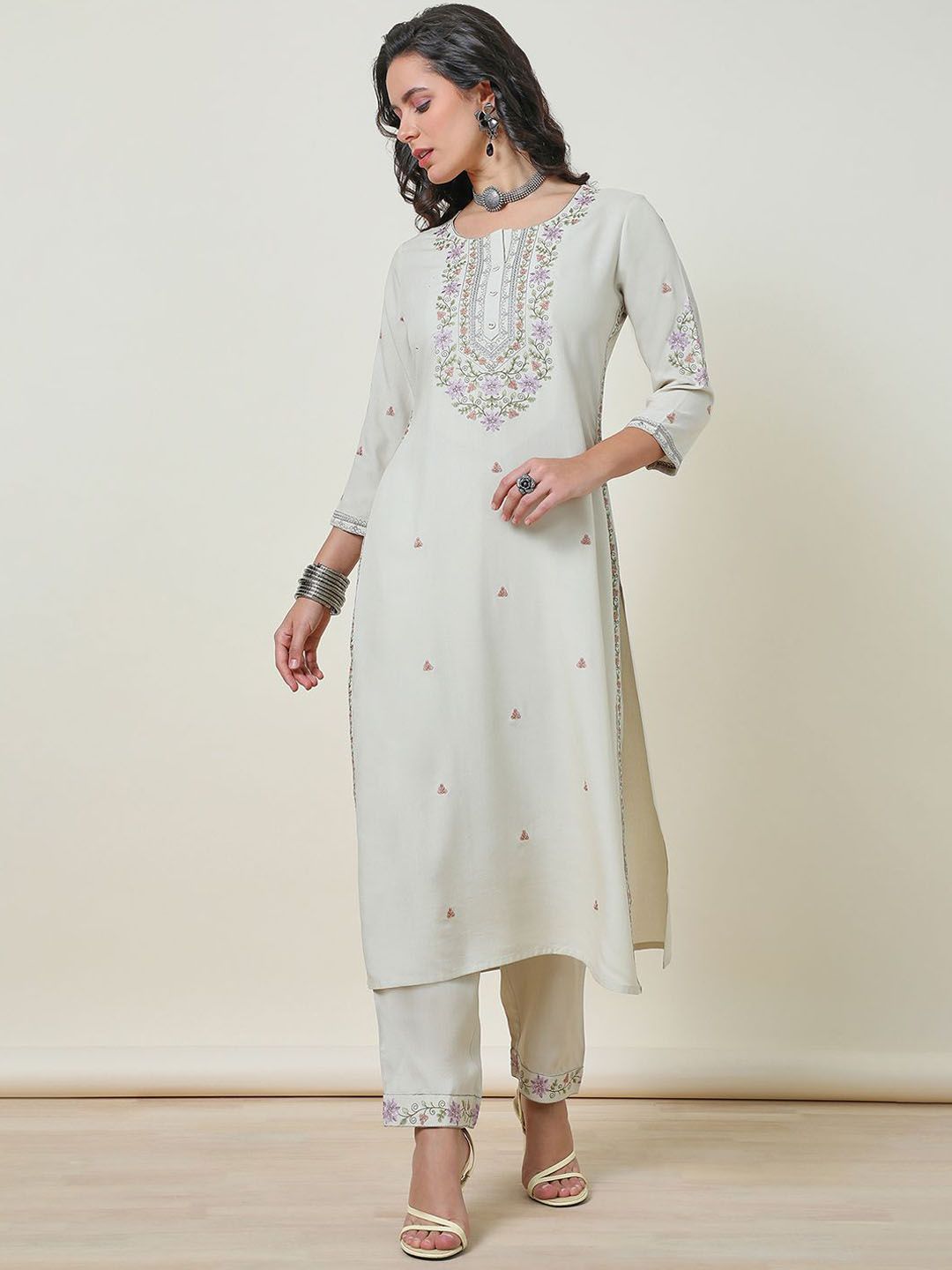 Dhiyona SO Women's Beige-Coloured Floral Embroidered Thread Work Straight Kurta With Trousers